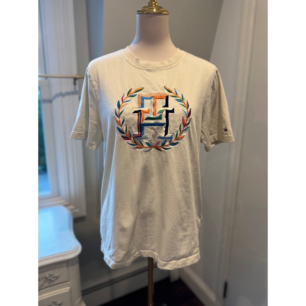 Tommy Hilfiger Men's Cream Embroidered Crest Tee | Size Medium